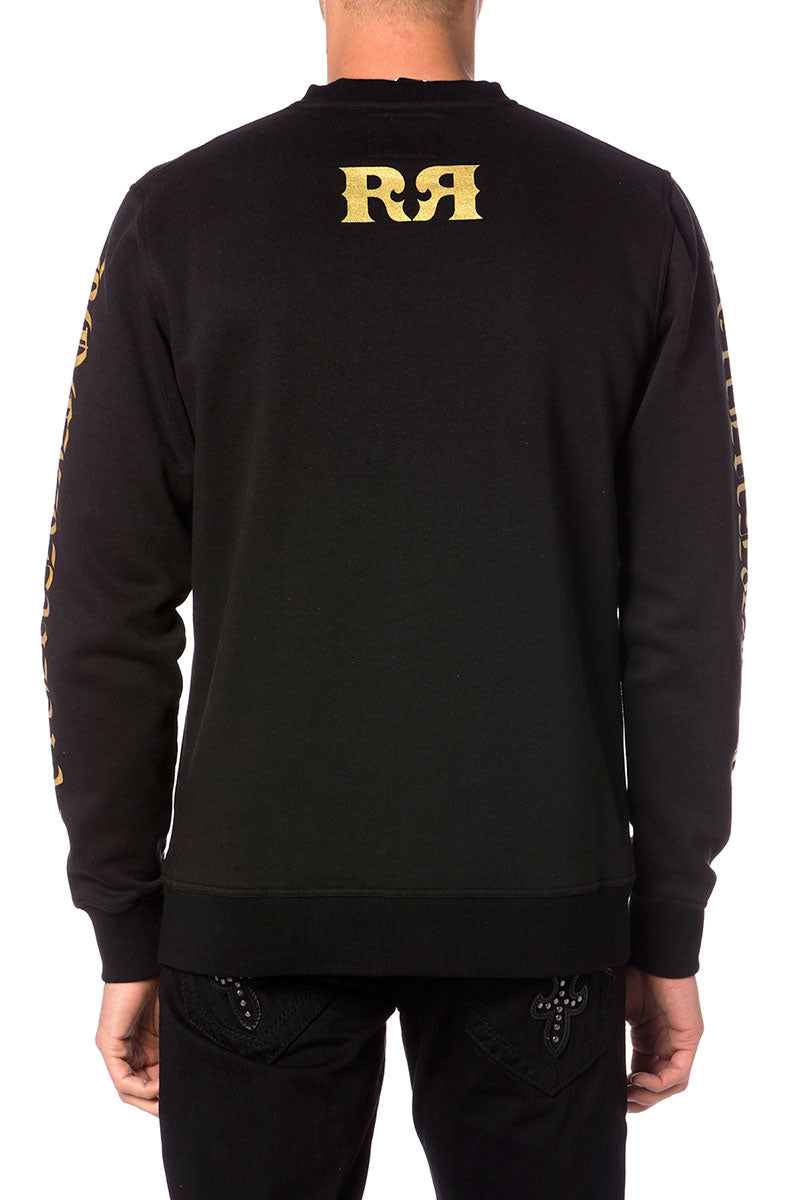 Schwarzer Pullover mit langem Arm, gelbem "RR"-Logo auf dem Rücken und geradem Schnitt.