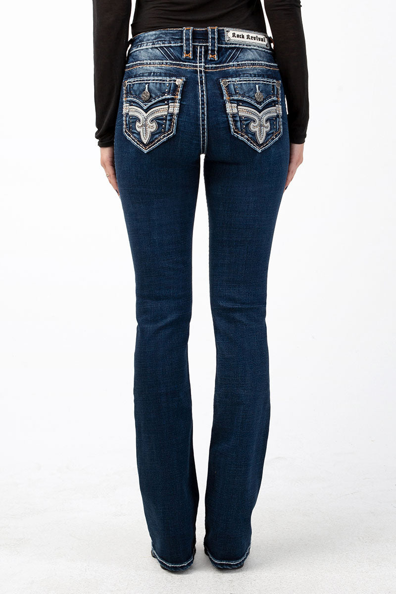 Dunkelblaue Bootcut-Jeans mit dekorativen hellen Rückentaschenstichen.