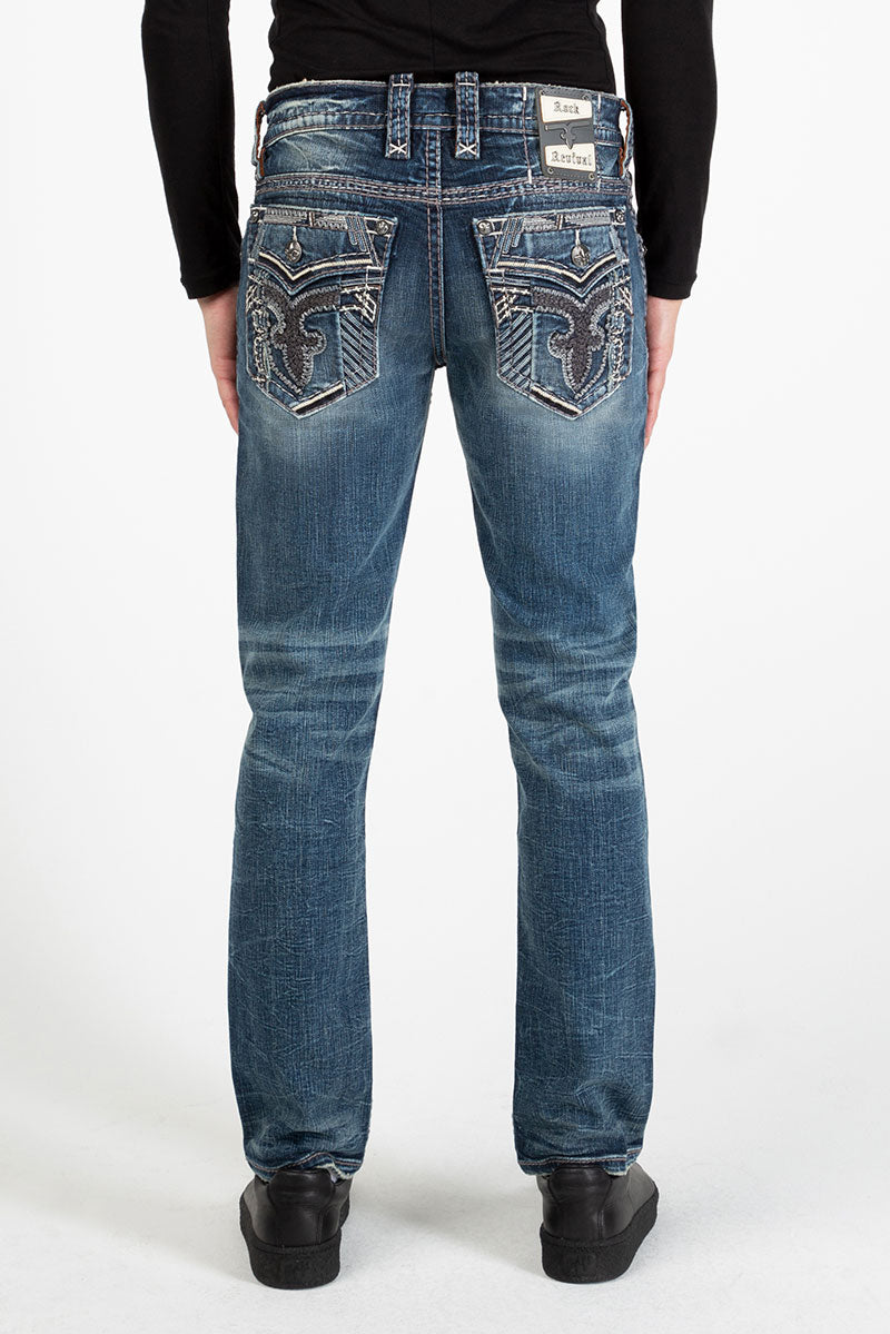 Blaue Straight-Fit-Jeans für Herren mit verzierten Gesäßtaschen und leichter Used-Optik.