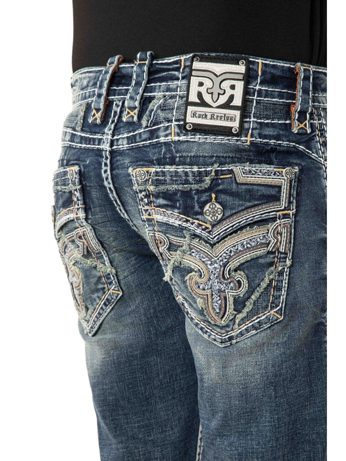 RP3839J207 Jeans Detail der Gesäßtasche auf weißem Hintergrund