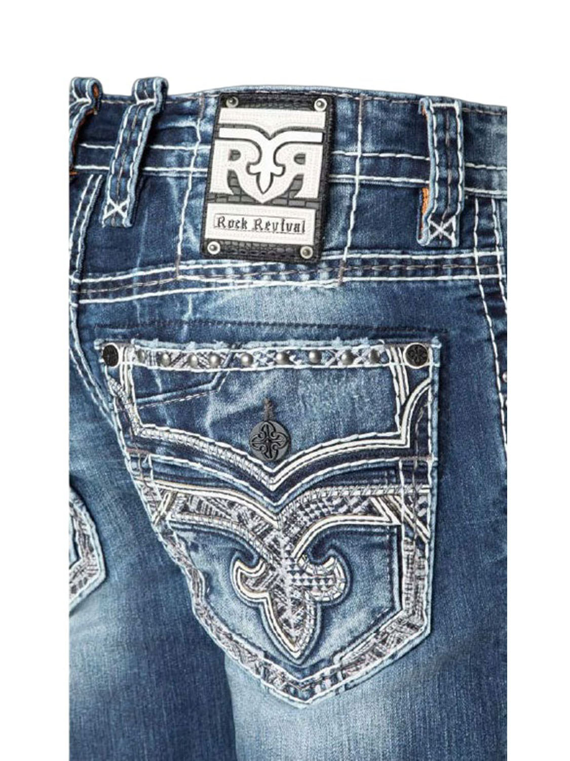 RP3849A202R Jeans Detail der Gesäßtasche auf weißem Hintergrund