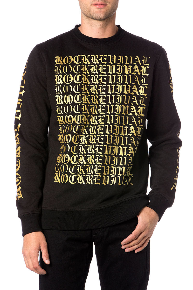 Schwarzer Pullover mit gelbem „Rock Over Everything“-Schriftzug auf Vorderseite und Ärmeln, Rundhalsausschnitt.