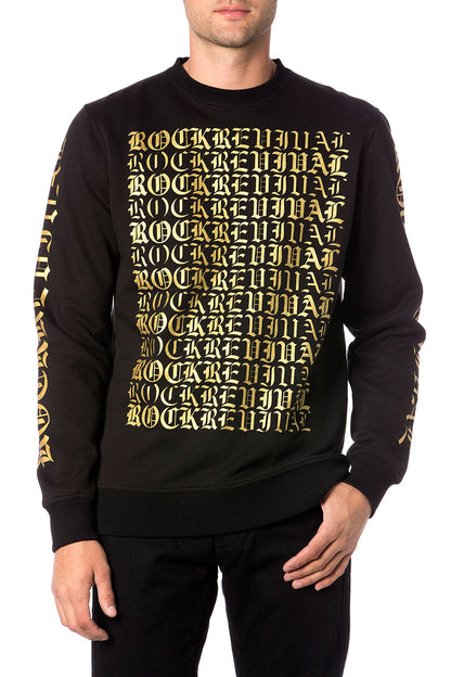 Schwarzer Pullover mit gelbem „Rock Over Everything“-Schriftzug auf Vorderseite und Ärmeln, Rundhalsausschnitt.
