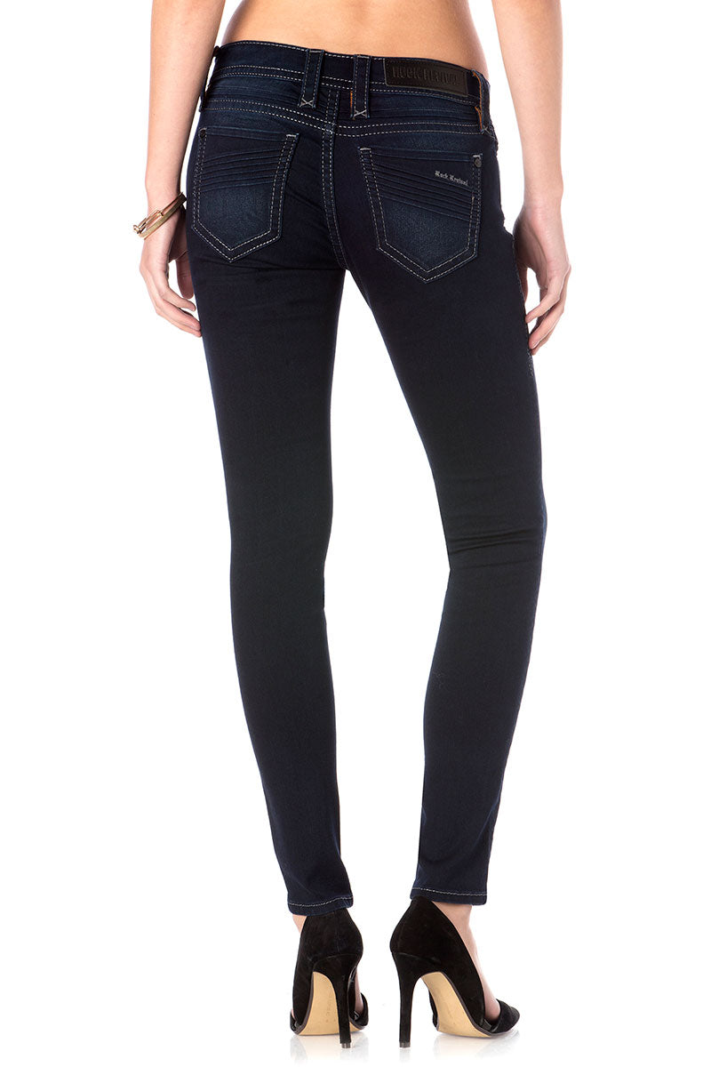 Dunkelblaue Skinny-Jeans für Damen mit Nahtdetails und schmaler Passform hinten.