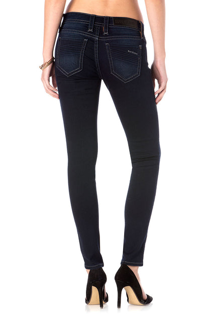 Dunkelblaue Skinny-Jeans für Damen mit Nahtdetails und schmaler Passform hinten.