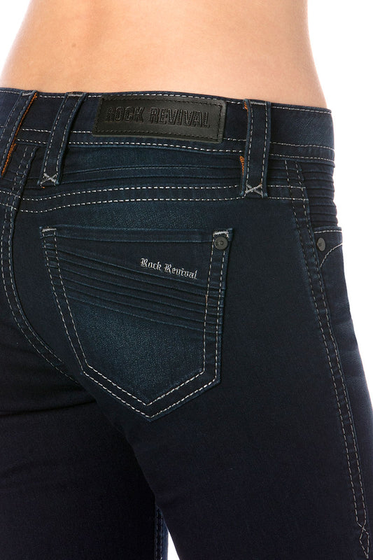 Dunkelblaue Skinny-Jeans für Damen mit markantem Rückenlabel und kontrastierenden Nähten.
