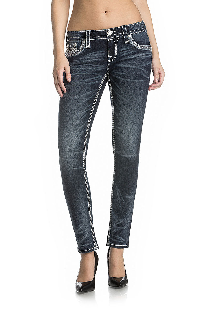 Dunkelblaue Skinny-Jeans mit heller Kontrastnaht und heller Waschung am Oberschenkel.