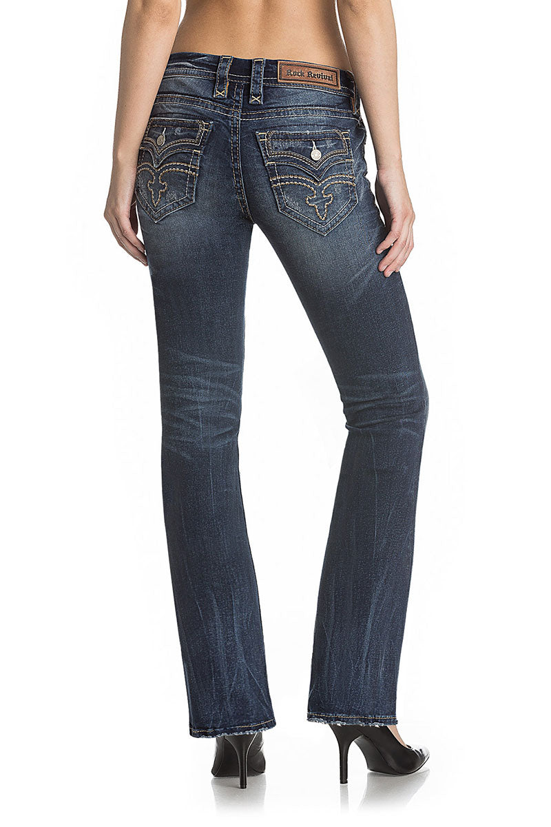Dunkelblaue Bootcut-Jeans mit Stickerei auf den Gesäßtaschen, mittlere Waschung.