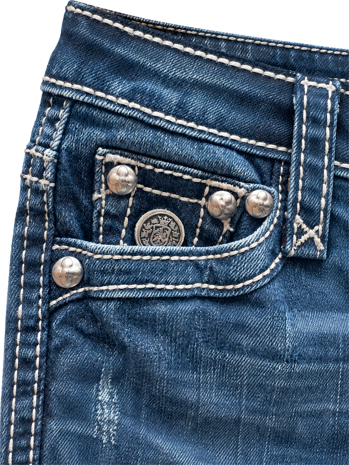 Rock Revival Tori T13 Damenjeans – Detail der Vordertasche mit Medaillon